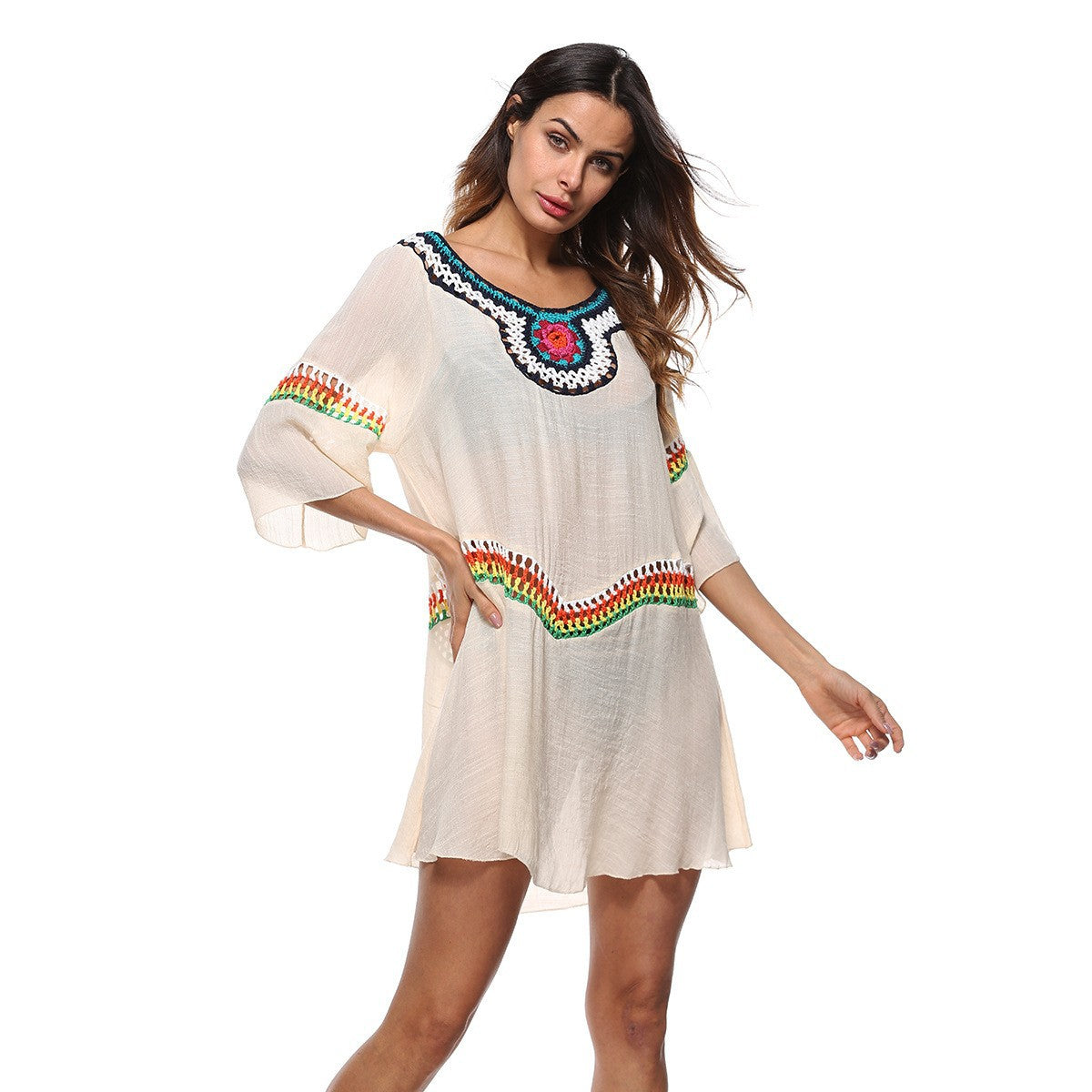 Women's beach tunic with colorful embroidery and wide sleeves, size S