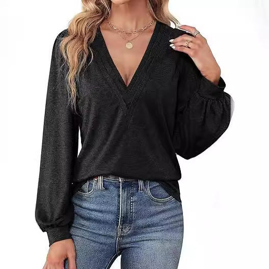 Bequemes Damen-Shirt mit V-Ausschnitt und langen Ärmeln, Größe