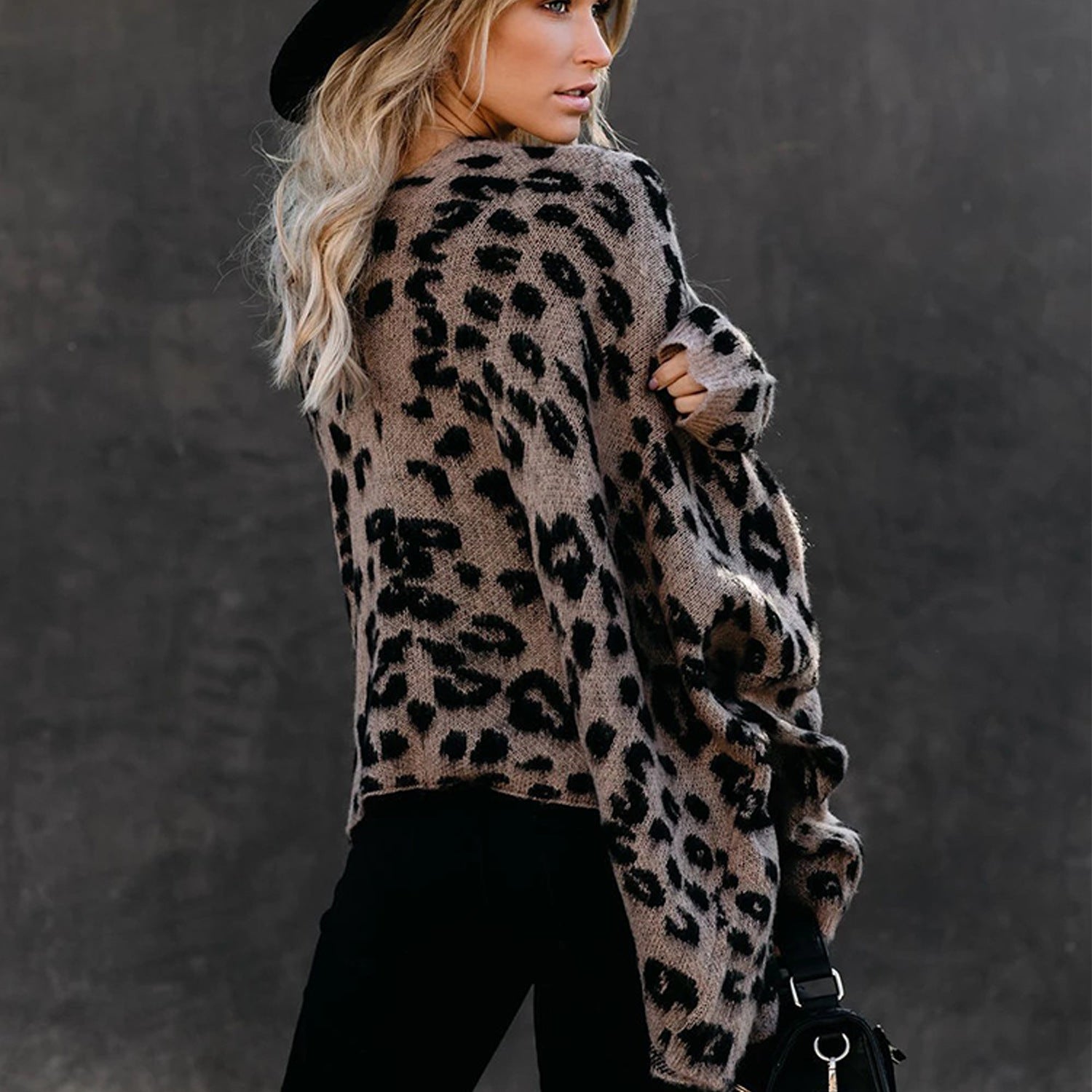 Damen Strickmantel mit Leopardenmuster, lässigem Schnitt und Taschen, Größe S