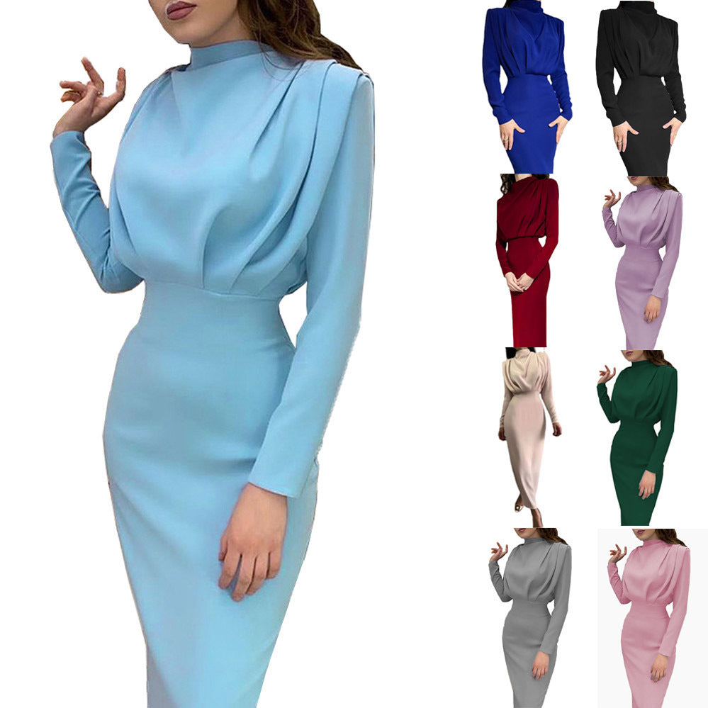 Women's elegant midi dress with high neckline design and draping, size S