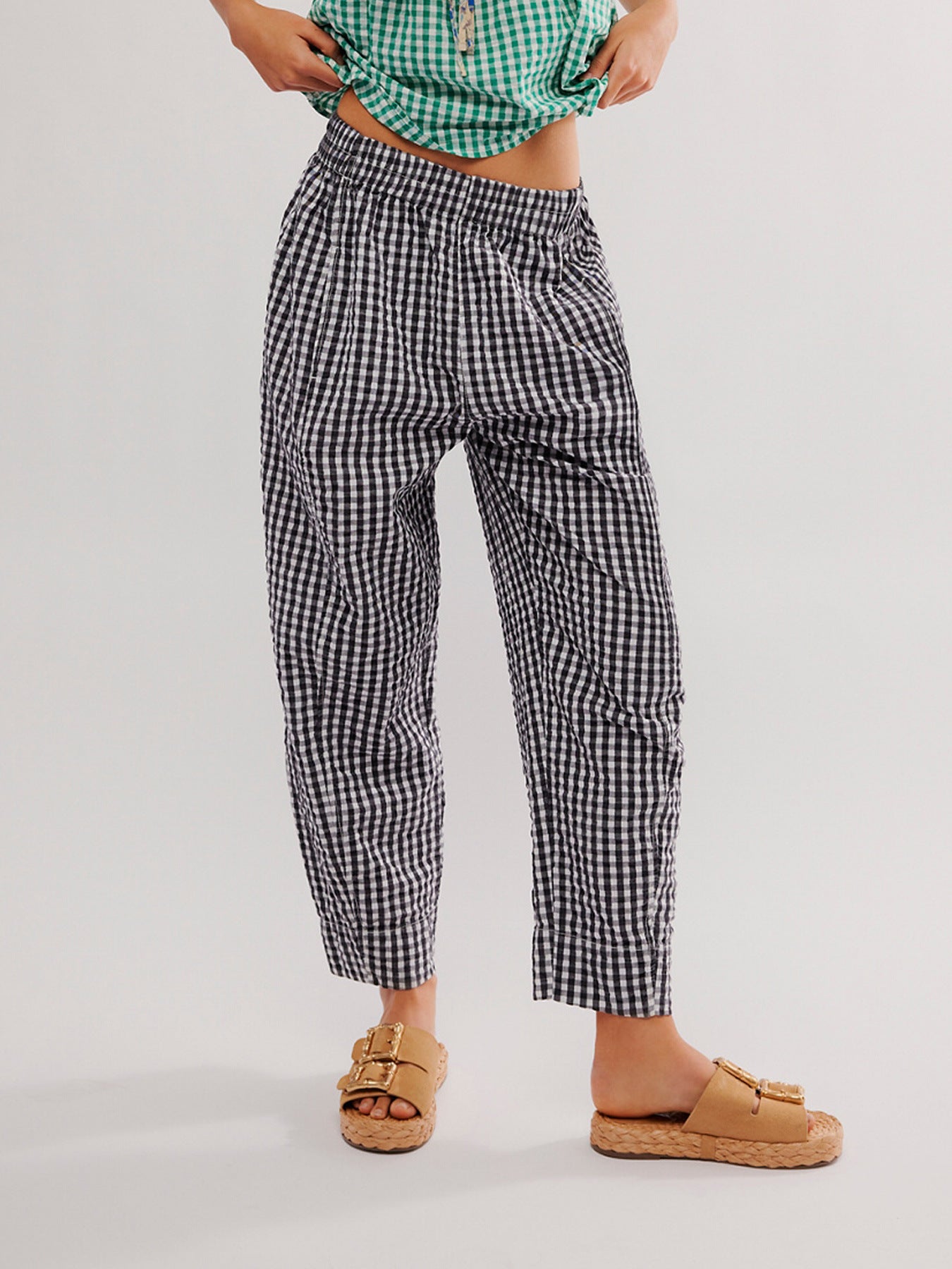 Valenzora | Checkered cotton woven casual college-style bubble pants