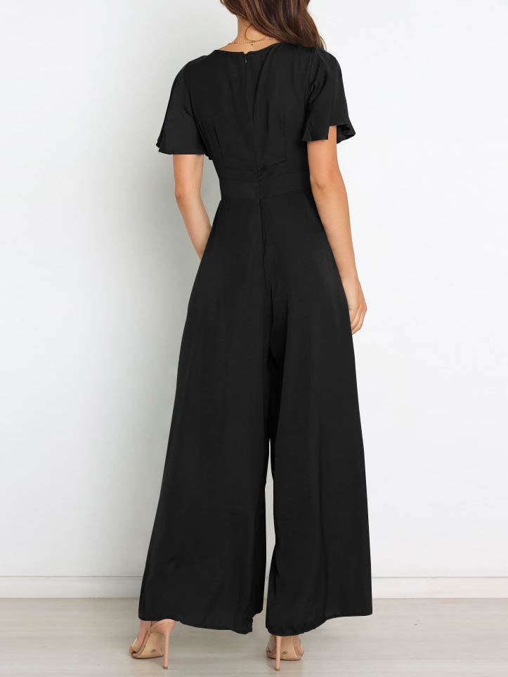 Valenzora | Short-sleeved wide-leg casual V-neck jumpsuit