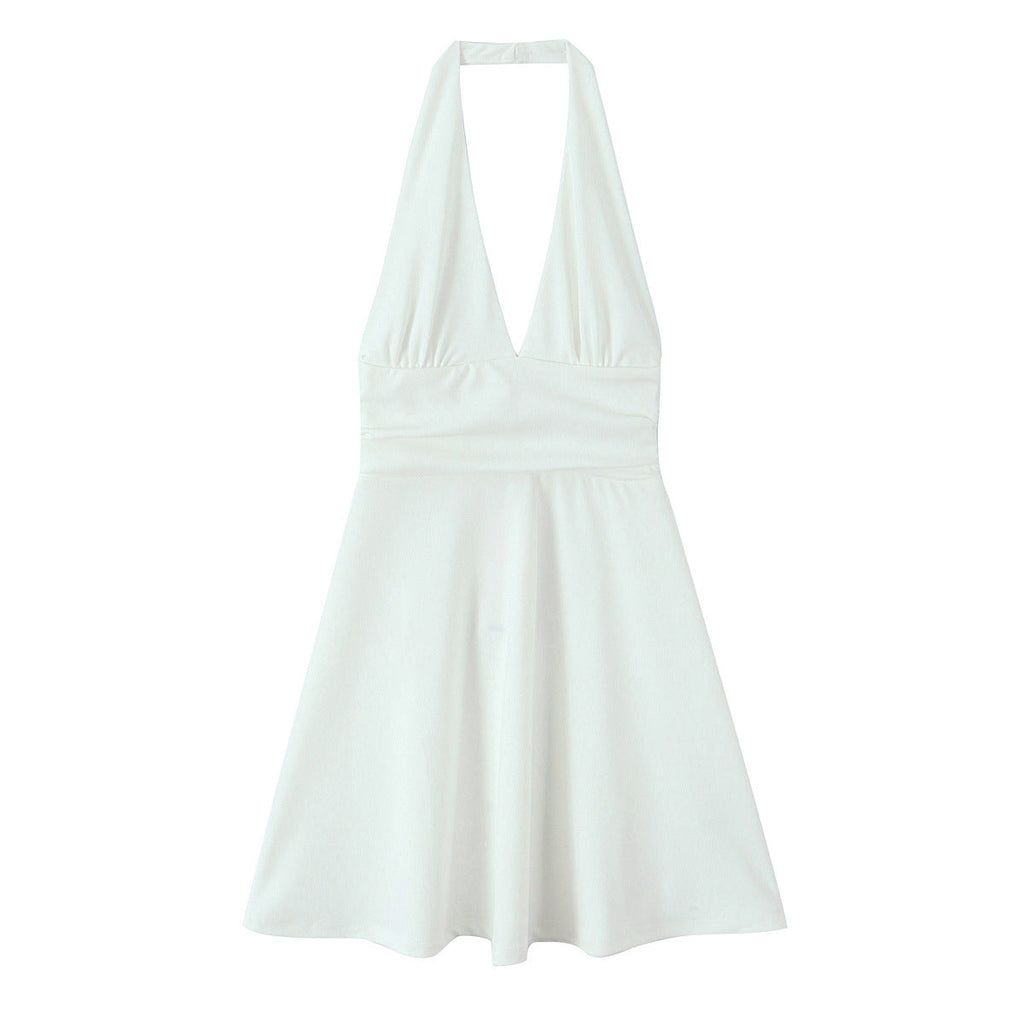 Women's halter dress with deep V-neck and flowing skirt, size