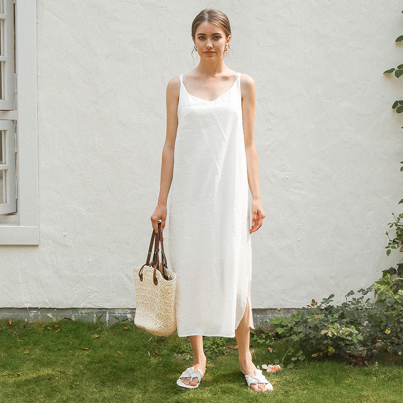 Elegantes Leinenkleid für Damen mit verstellbaren Spaghettiträgern und fließendem Schnitt, Größe S