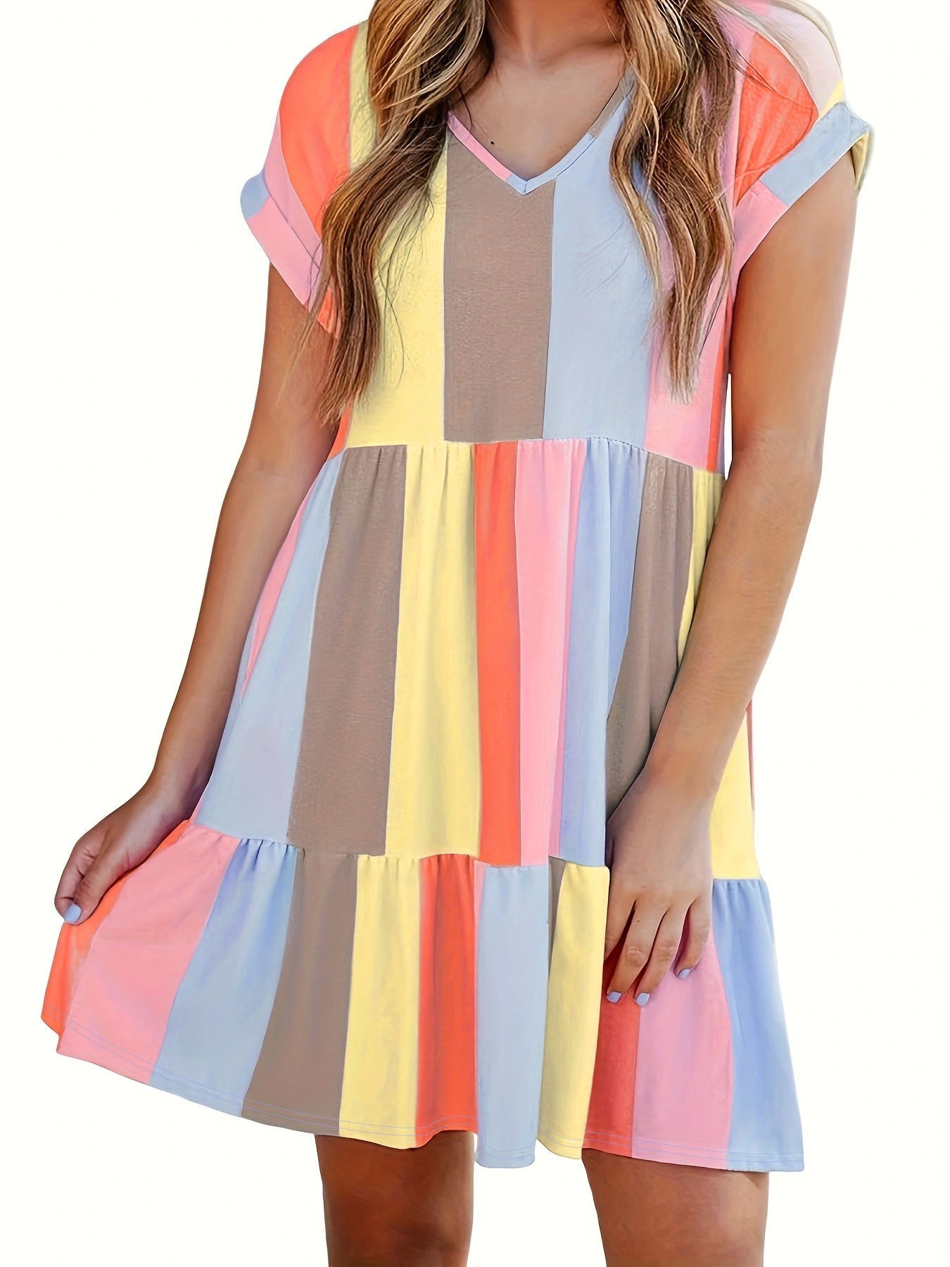 Damen Freizeitkleid mit farbenfrohem Streifenmuster und fließendem Design Drune