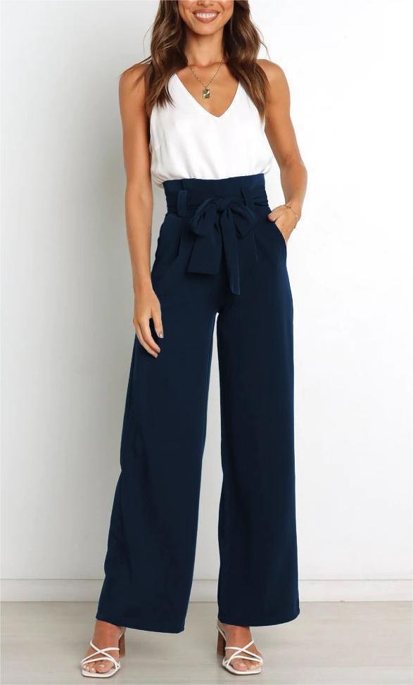 Women's elegant wide-leg trousers with waist belt, size