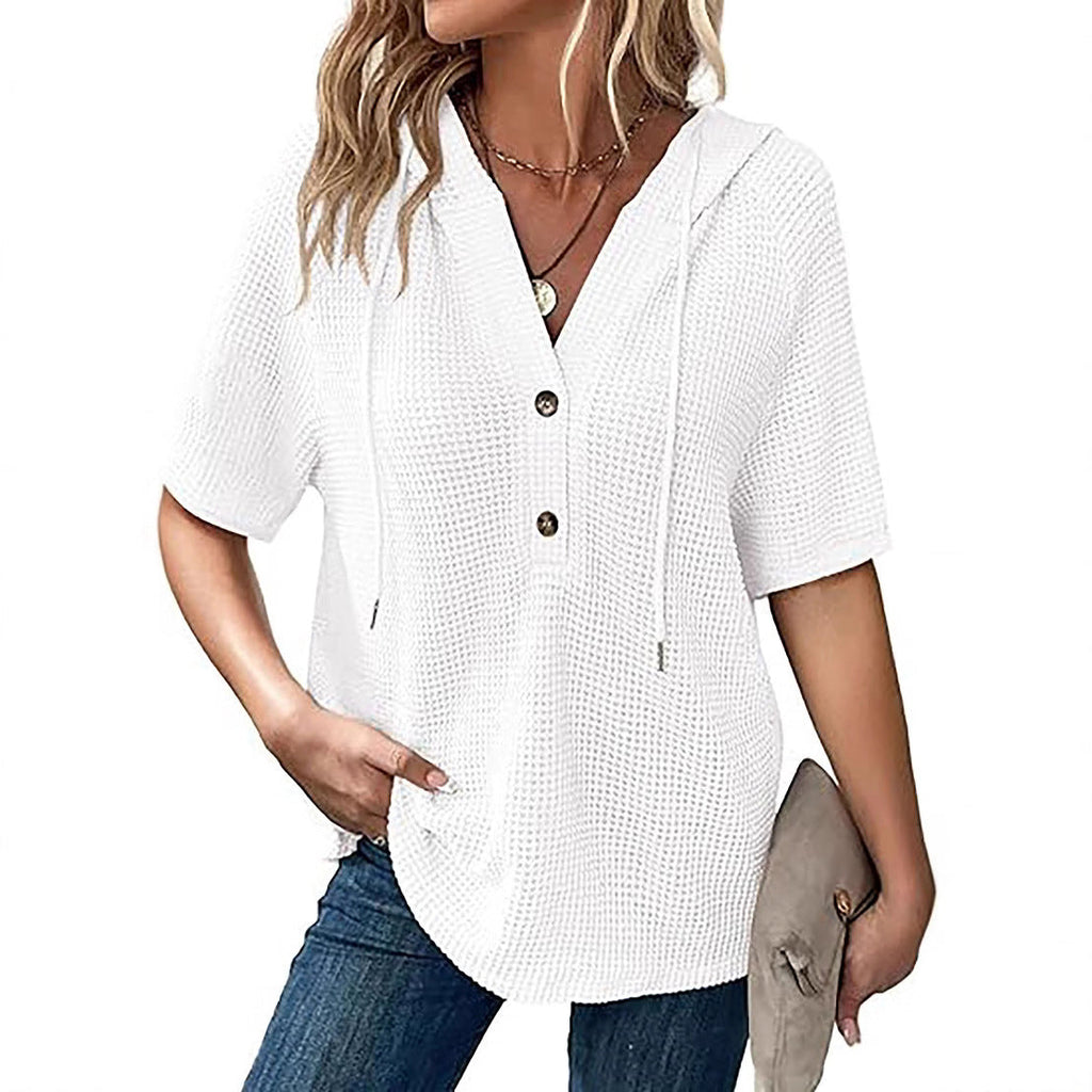 Women's casual hooded blouse with button closures