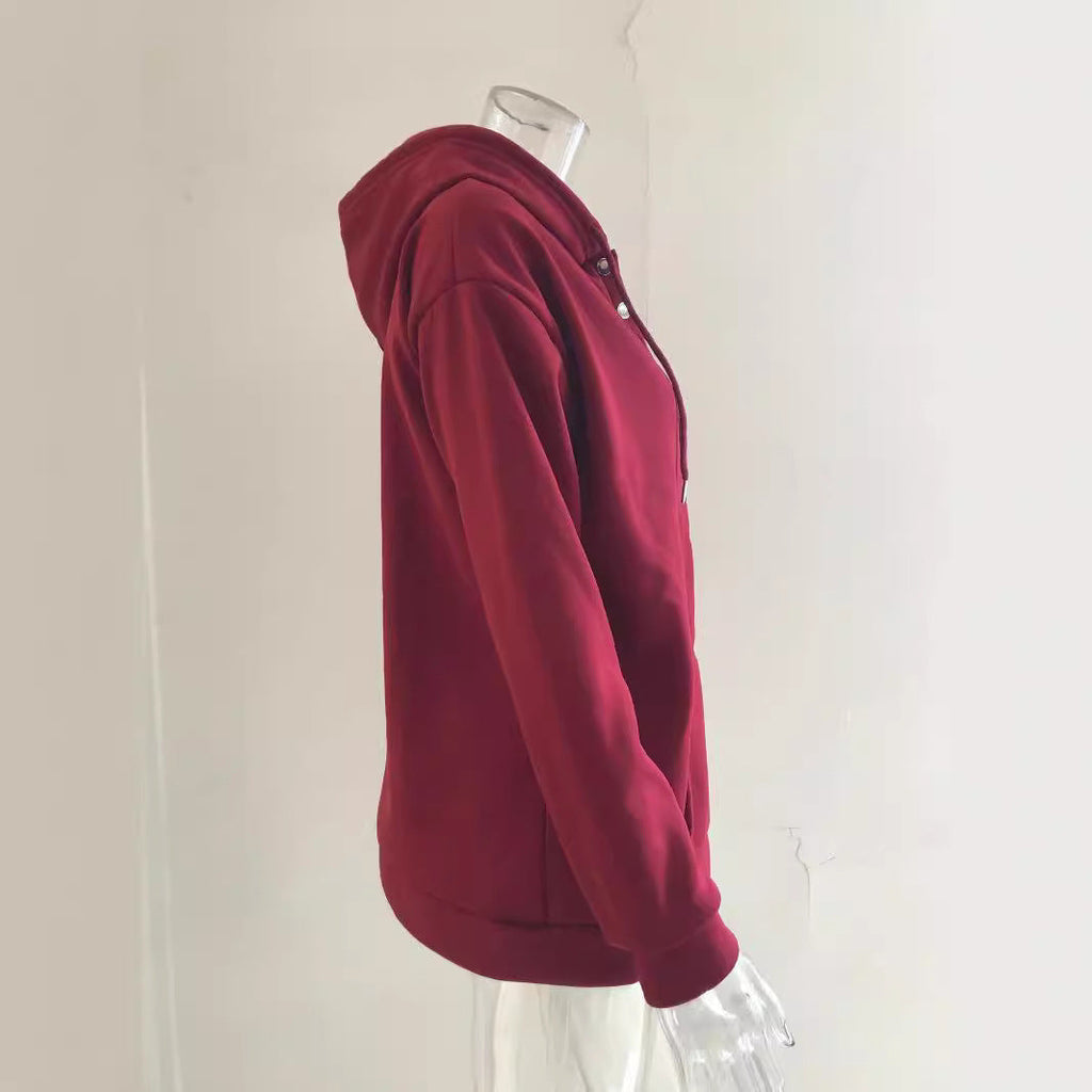 Women's hooded sweatshirt with button placket and relaxed fit, size