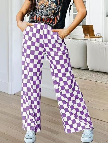 Women's checked palazzo trousers with elasticated waistband and practical side pockets, size Valenzora