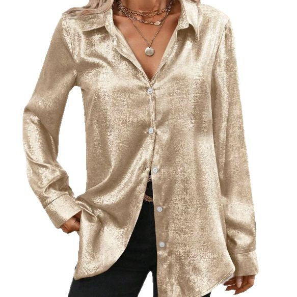 Women's lustrous blouse with elegant V-neck and delicate button detail, size S