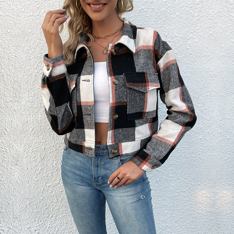 Damen Blousonjacke kariert mit Zierknöpfen und Brusttaschen, Größe