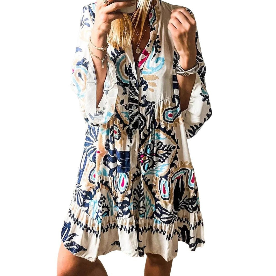 Women's Casual Dress with Fashionable Floral Design and Long Sleeves Drune