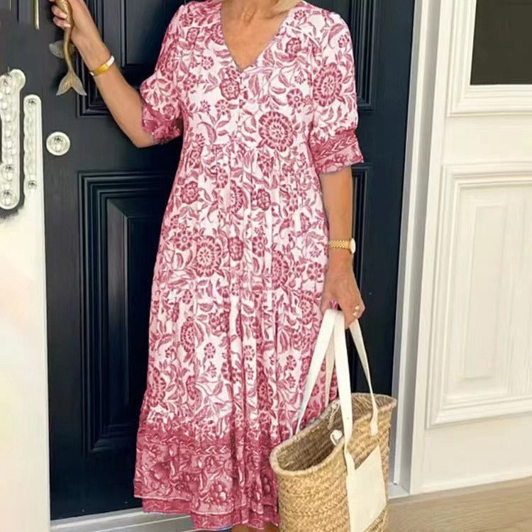 Valenzora | Three-quarter sleeve long floral tie-dye print dress