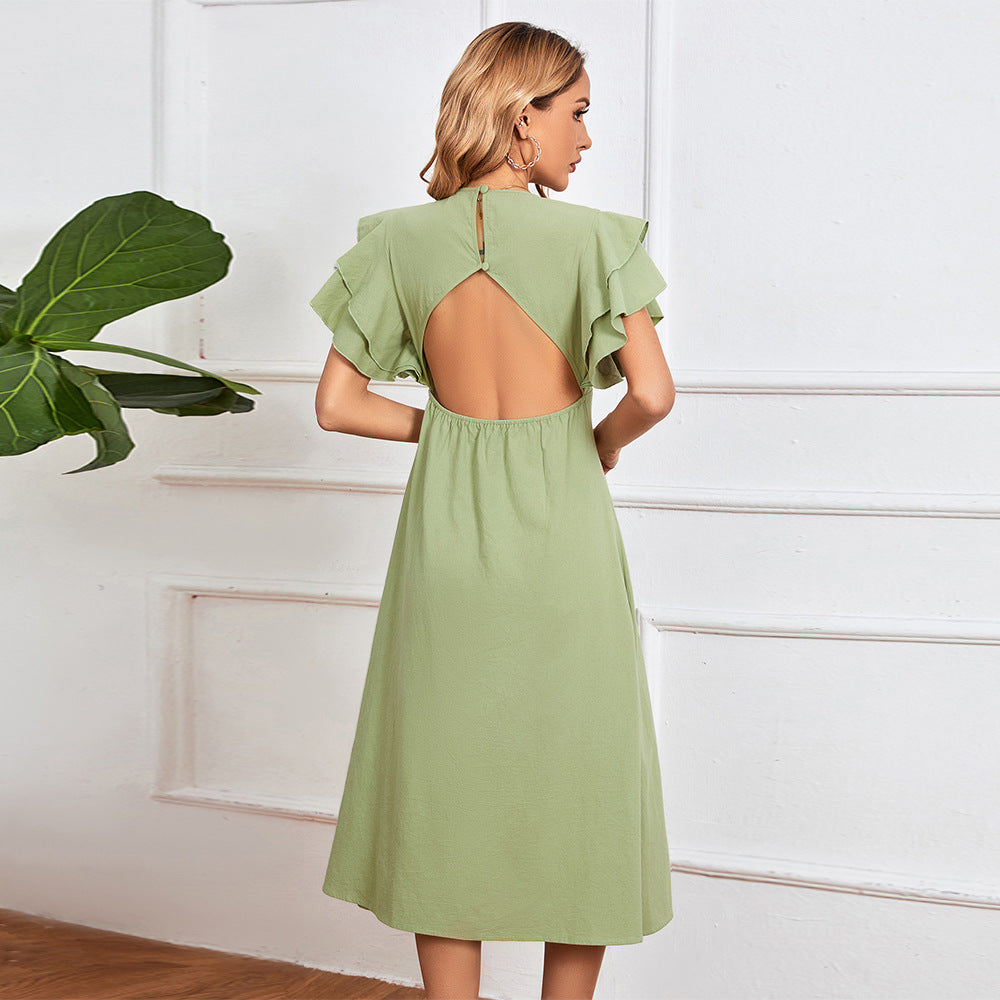 Damen Midi-Kleid mit voluminösen Rüschendetails und tiefem V-Ausschnitt, Größe
