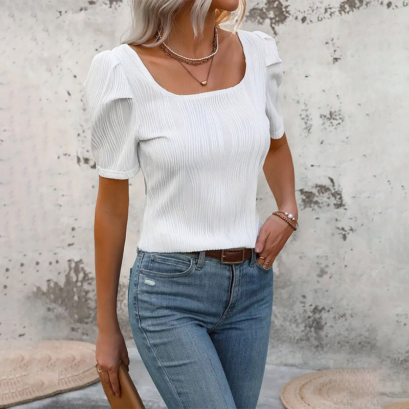 Women's finely textured blouse with short sleeves and square neckline, size