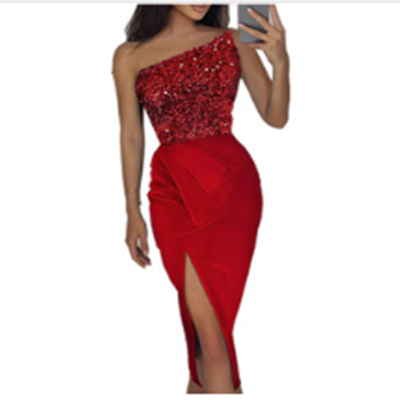 Damen-Abendkleid mit asymmetrischem Design und funkelnden Pailletten, Größe