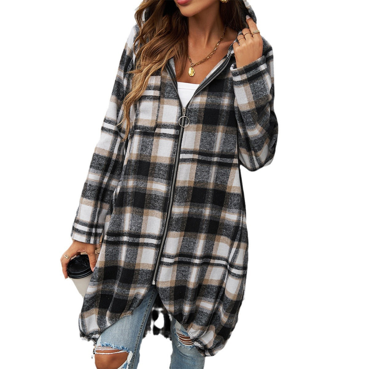 Damen karierte lange Jacke mit Kapuze und Taschen, Größe