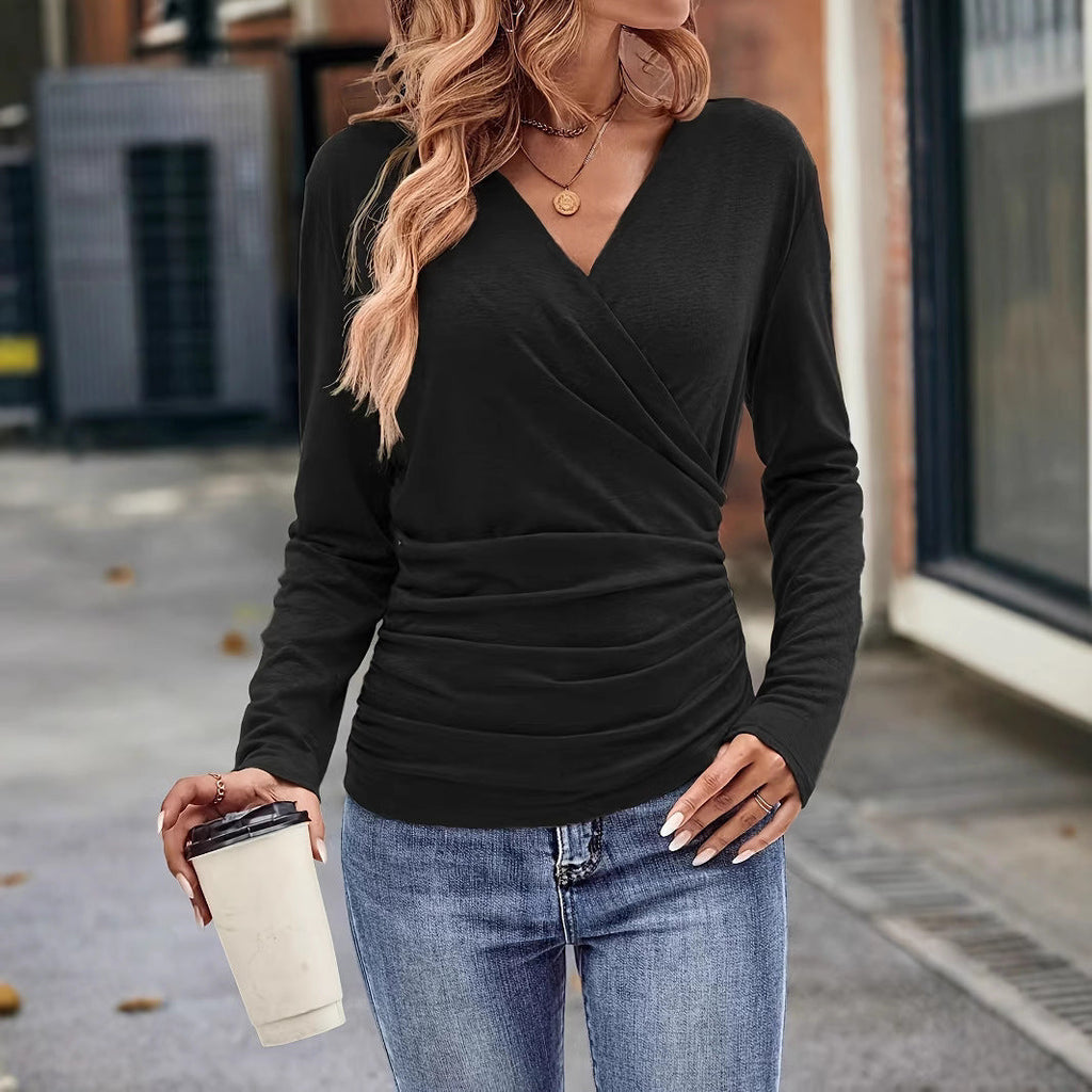 Women's wrap shirt with figure-shaping design and V-neck, size