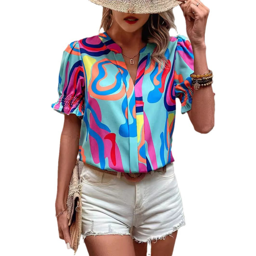 Valenzora | Abstract Print Puff Sleeve Short Shirt