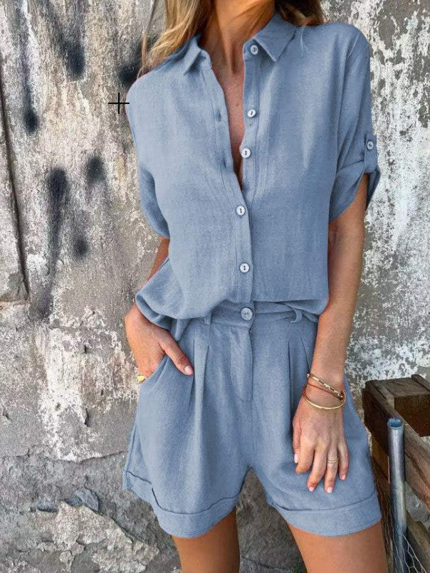 Women's casual jumpsuit with button-fastened top and practical drawstring waist