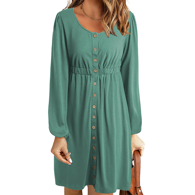 Women's knee-length dress with button details and elasticated waist, size [size]