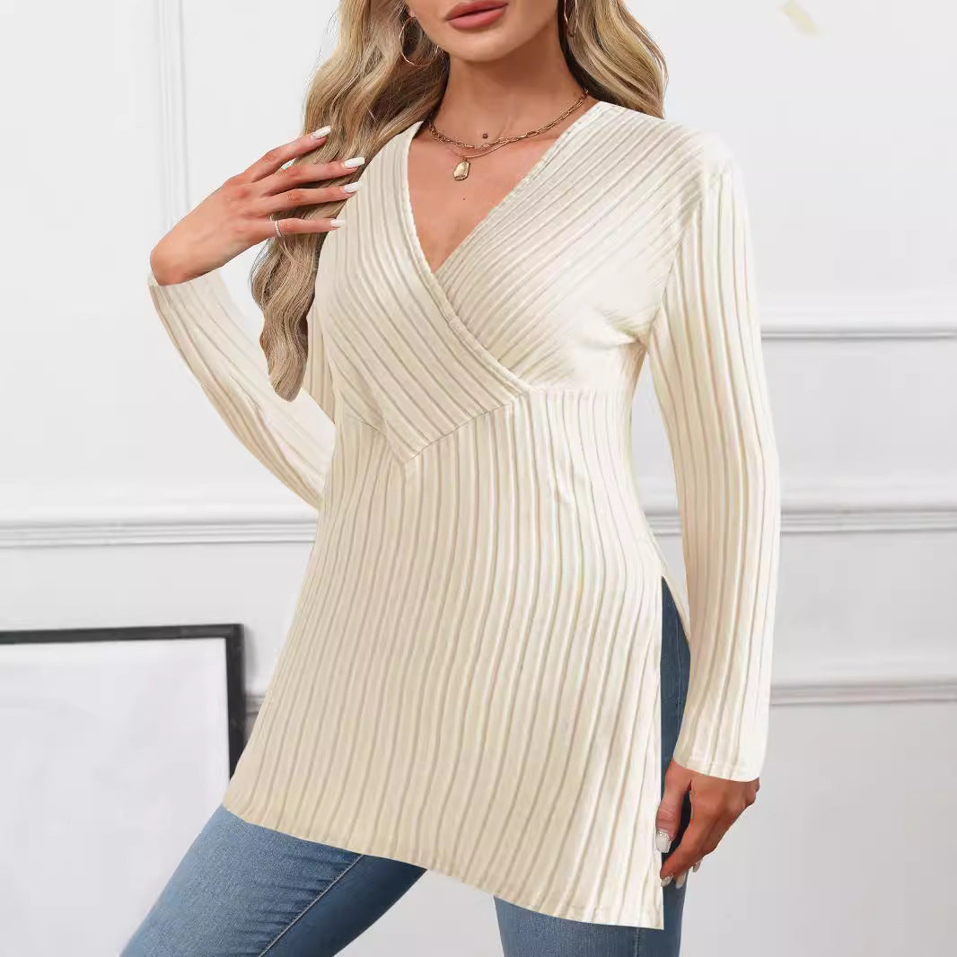 Elegantes Damen-Wickelshirt mit langen Ärmeln und gerippter Struktur, Größe