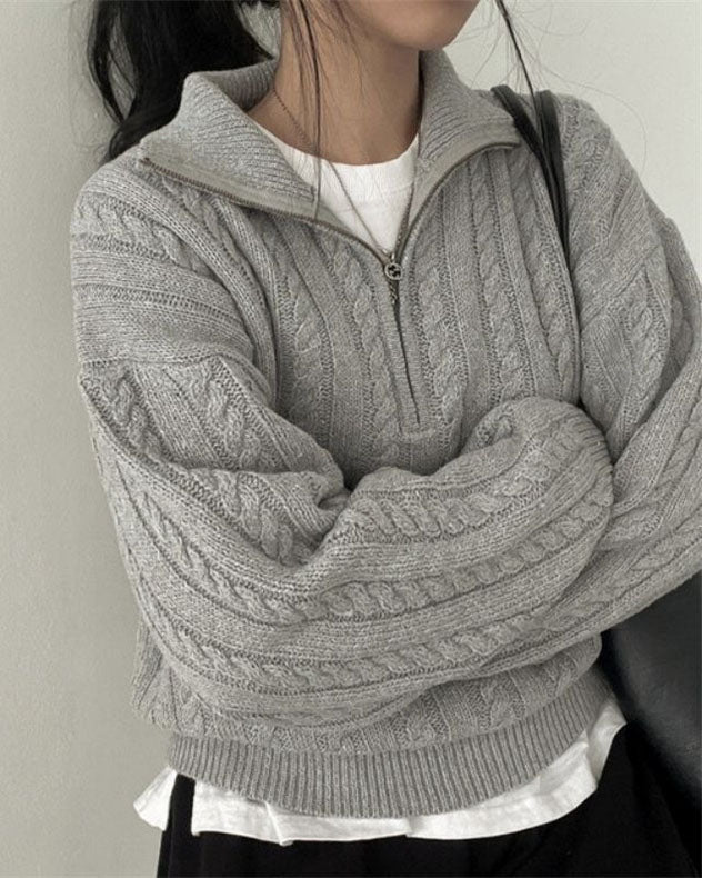 Valenzora Vintage Rollkragen-Reißverschluss-Twist-Strickpullover