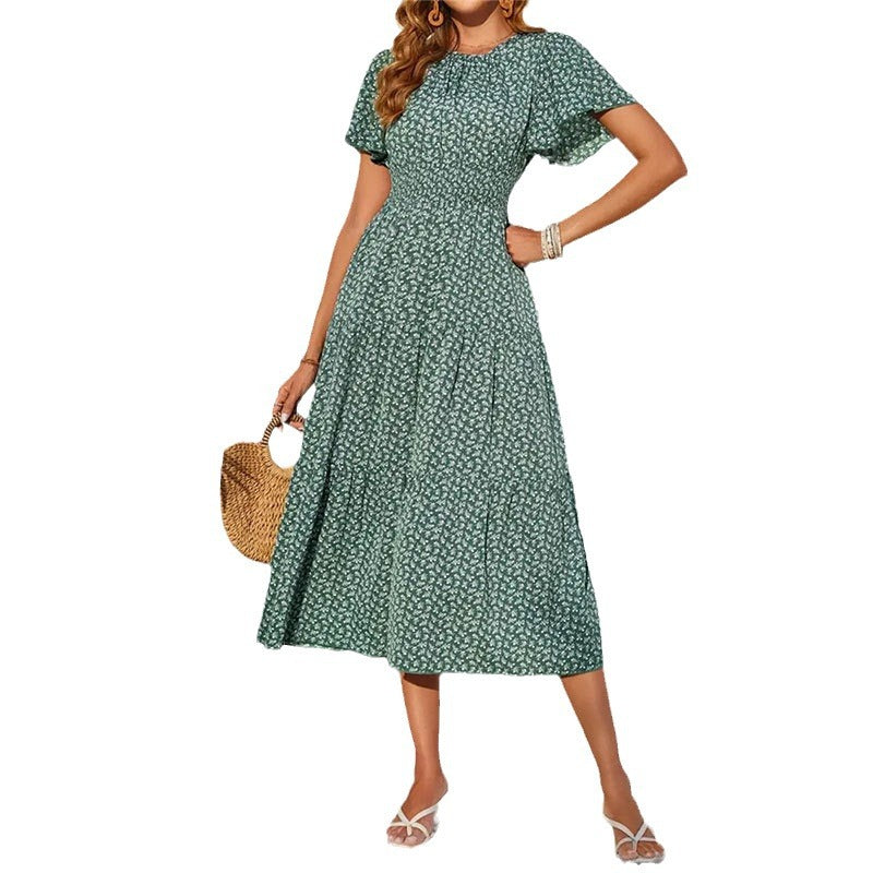 Women's midi dress with voluminous sleeves and flowing skirt, size S