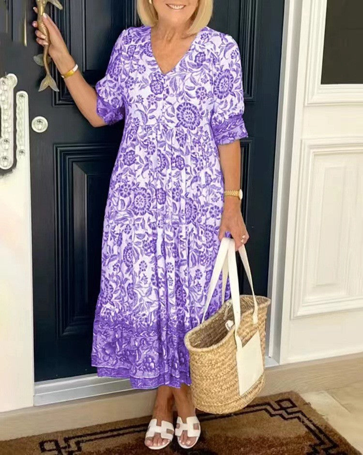 Valenzora | Three-quarter sleeve long floral tie-dye print dress