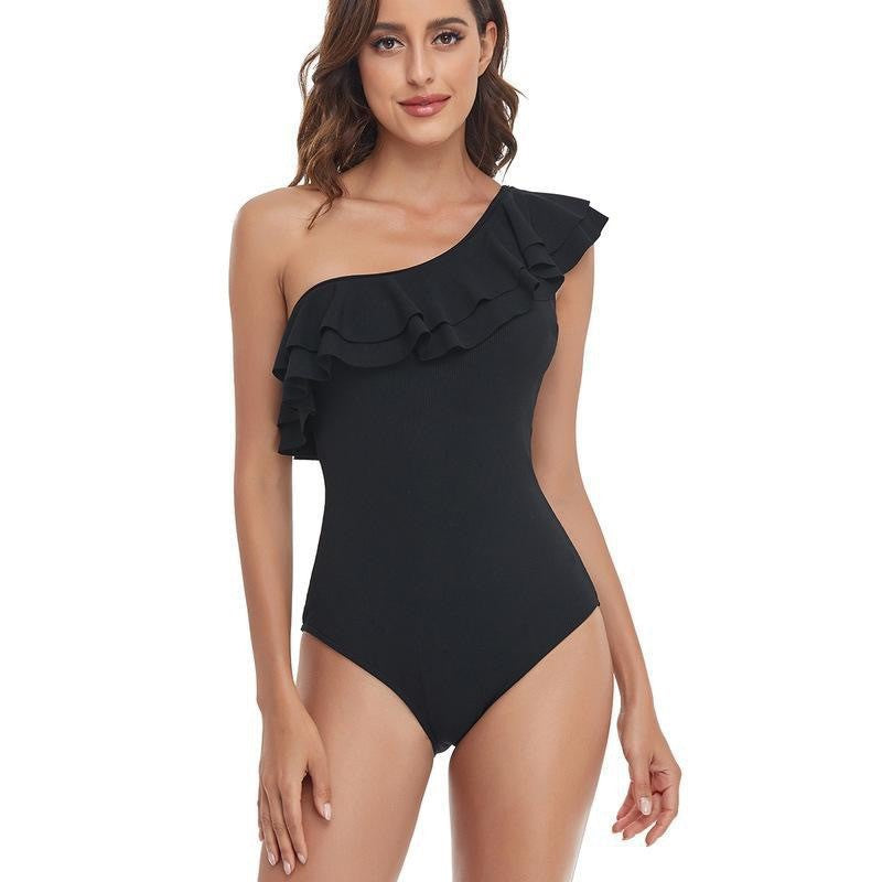 Women's one-piece swimsuit with asymmetrical cut and voluminous ruffle detail, size [size]