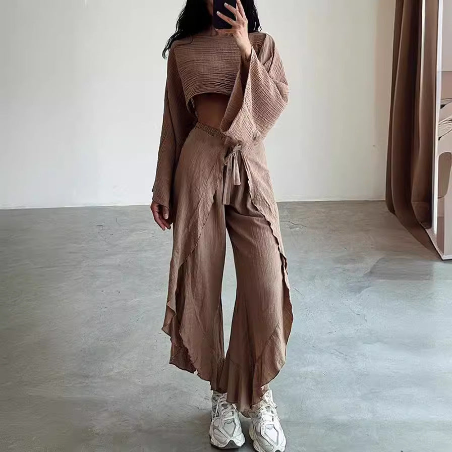 Women's Casual Two-Piece Set with Oversized Top and Wide-Leg Trousers, Size