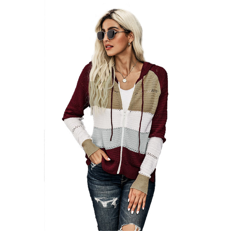 Women's casual cardigan with hood and decorative openwork pattern, size