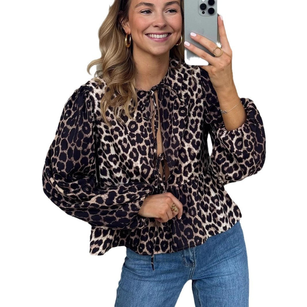 Women's blouse with leopard print and ruffles, size
