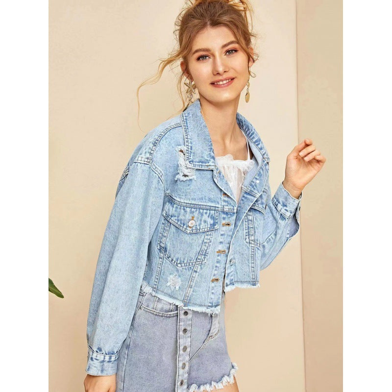 Women's cropped denim jacket in vintage style with casual fringe and robust details, size Valenzora