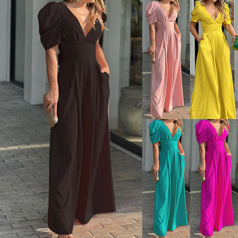 Women's elegant jumpsuit with voluminous puff sleeves and deep V-neck, size [size]