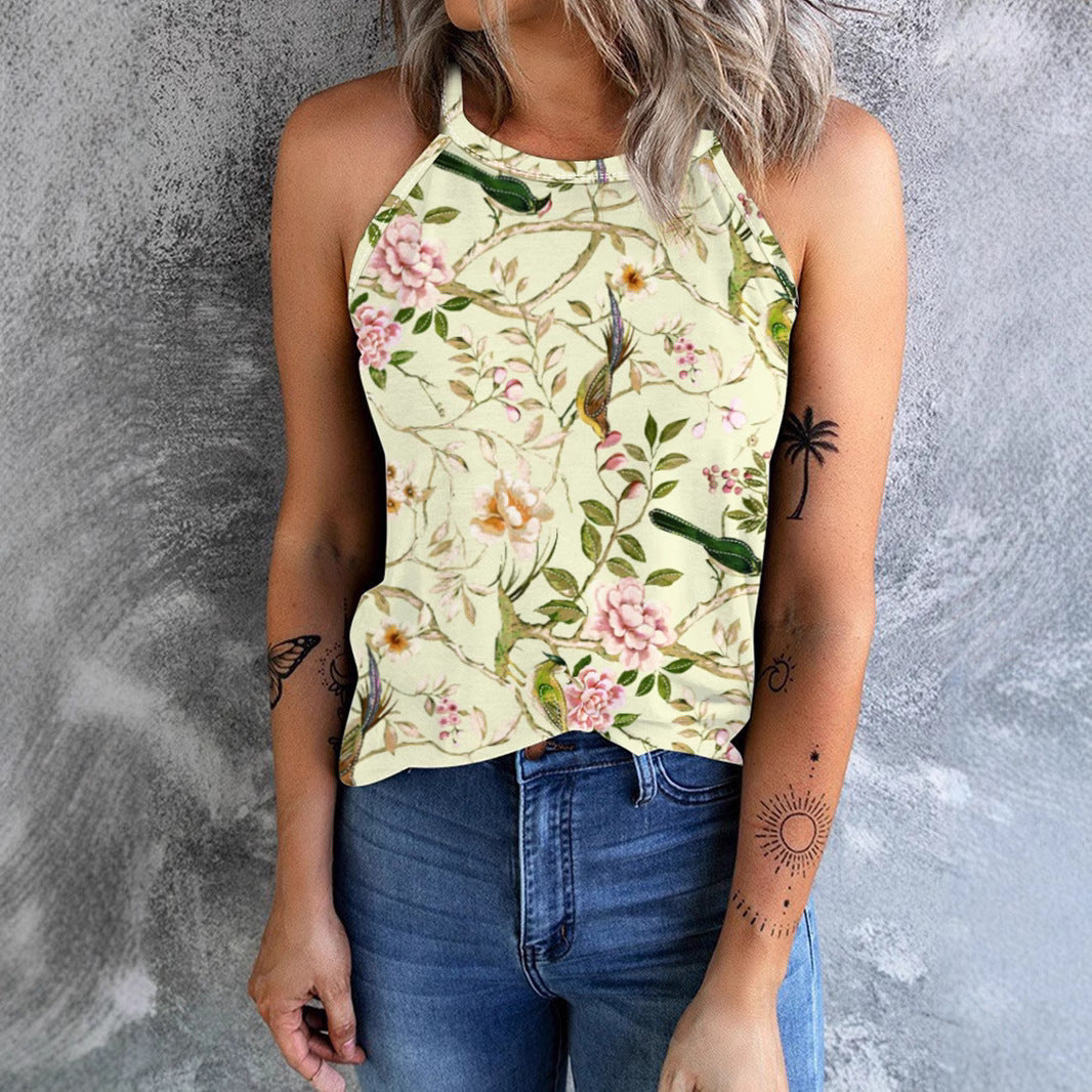 Women's sleeveless floral shirt with high collar, size