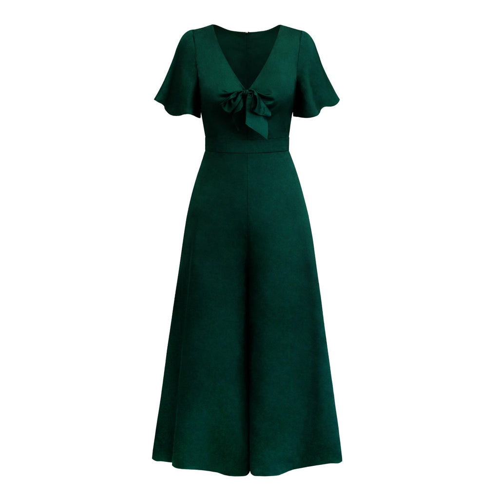 Valenzora | Short-sleeved wide-leg casual V-neck jumpsuit