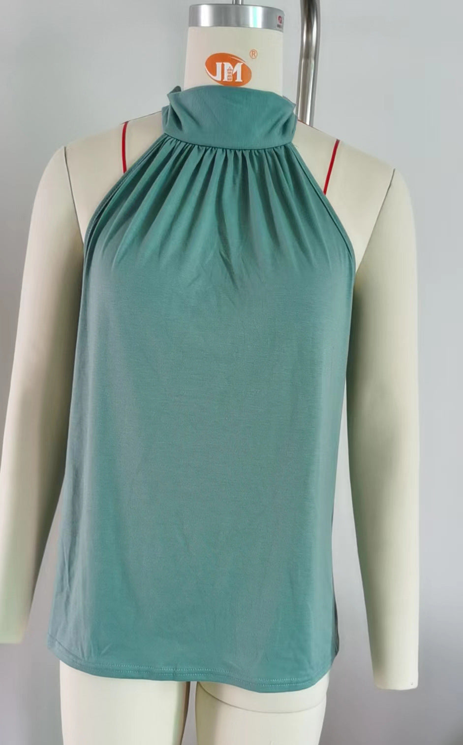 Women's sleeveless top with high collar and sophisticated pleats, size S