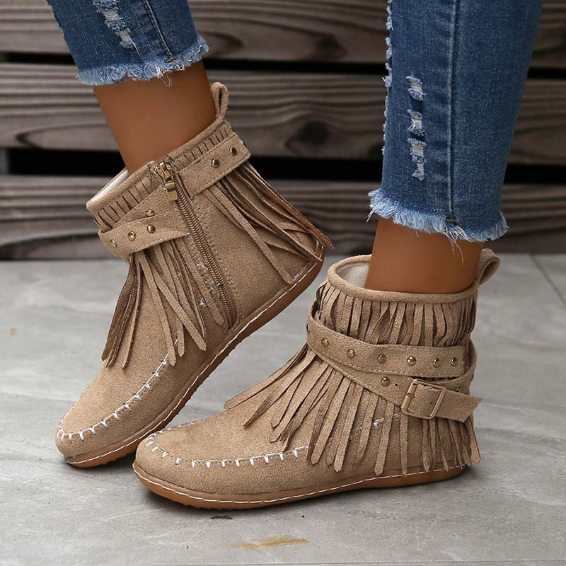 Valenzora | Boho-Stiefeletten mit Fransen und Schnallen für Damen