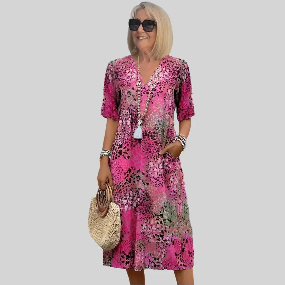 Damen lockeres Sommerkleid mit V-Ausschnitt und Taschen