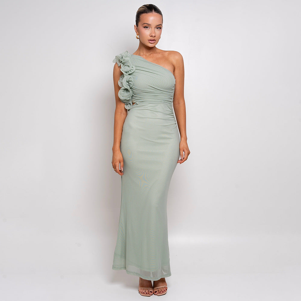 Women's figure-flattering midi dress with asymmetrical neckline and ruffle details, size [size]