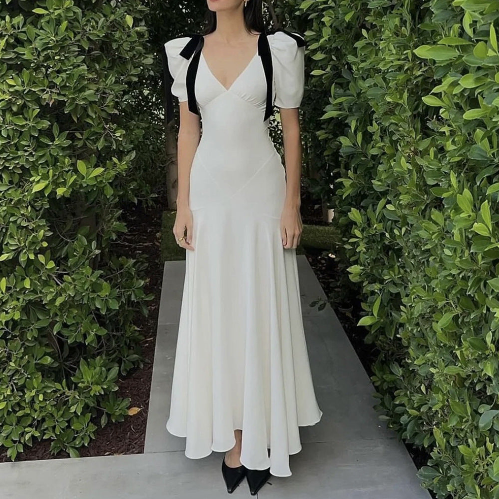 Valenzora | Soft White Deep V Bow Puff Sleeves Slim Dress