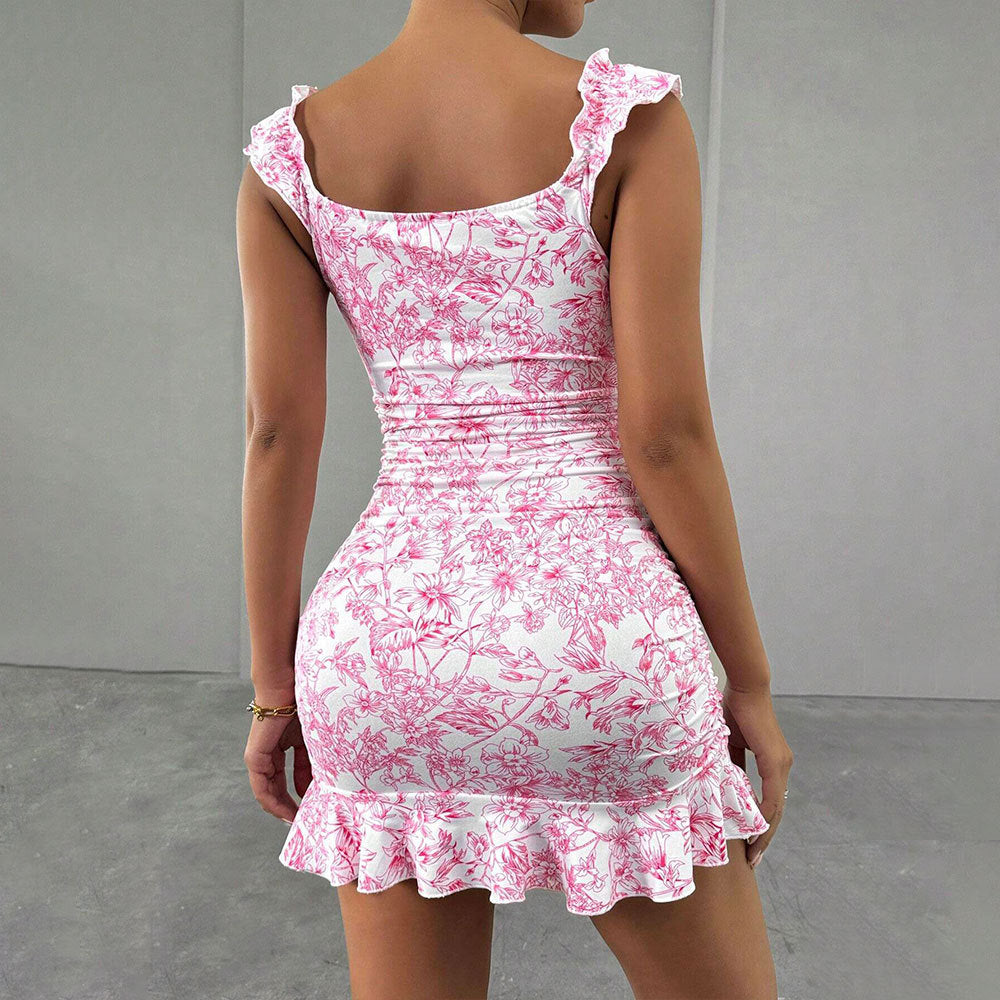 Women's figure-hugging mini dress with a sophisticated floral pattern and elasticated ruffled hem, size [size missing]