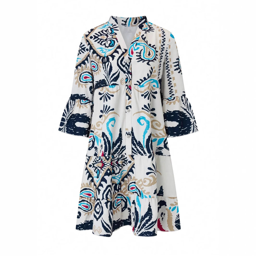 Women's Casual Dress with Fashionable Floral Design and Long Sleeves Drune