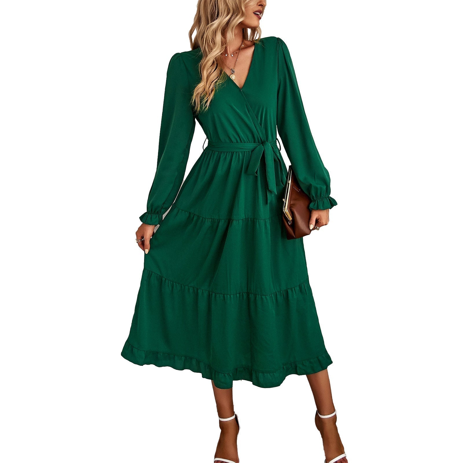 Women's wrap dress with ruffles and waist belt, size