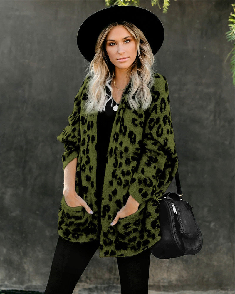 Damen Strickmantel mit Leopardenmuster, lässigem Schnitt und Taschen, Größe S