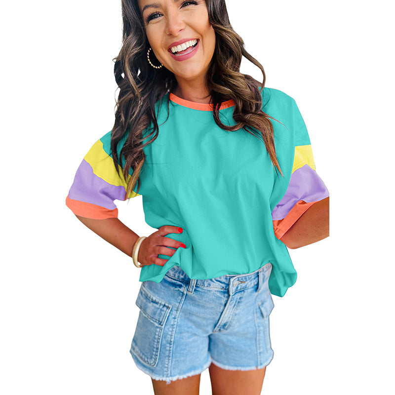Damen-Freizeit-T-Shirt mit bunten Ärmeln, Größe