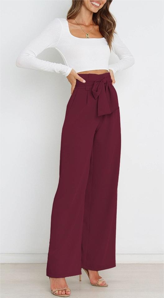 Women's elegant wide-leg trousers with waist belt, size