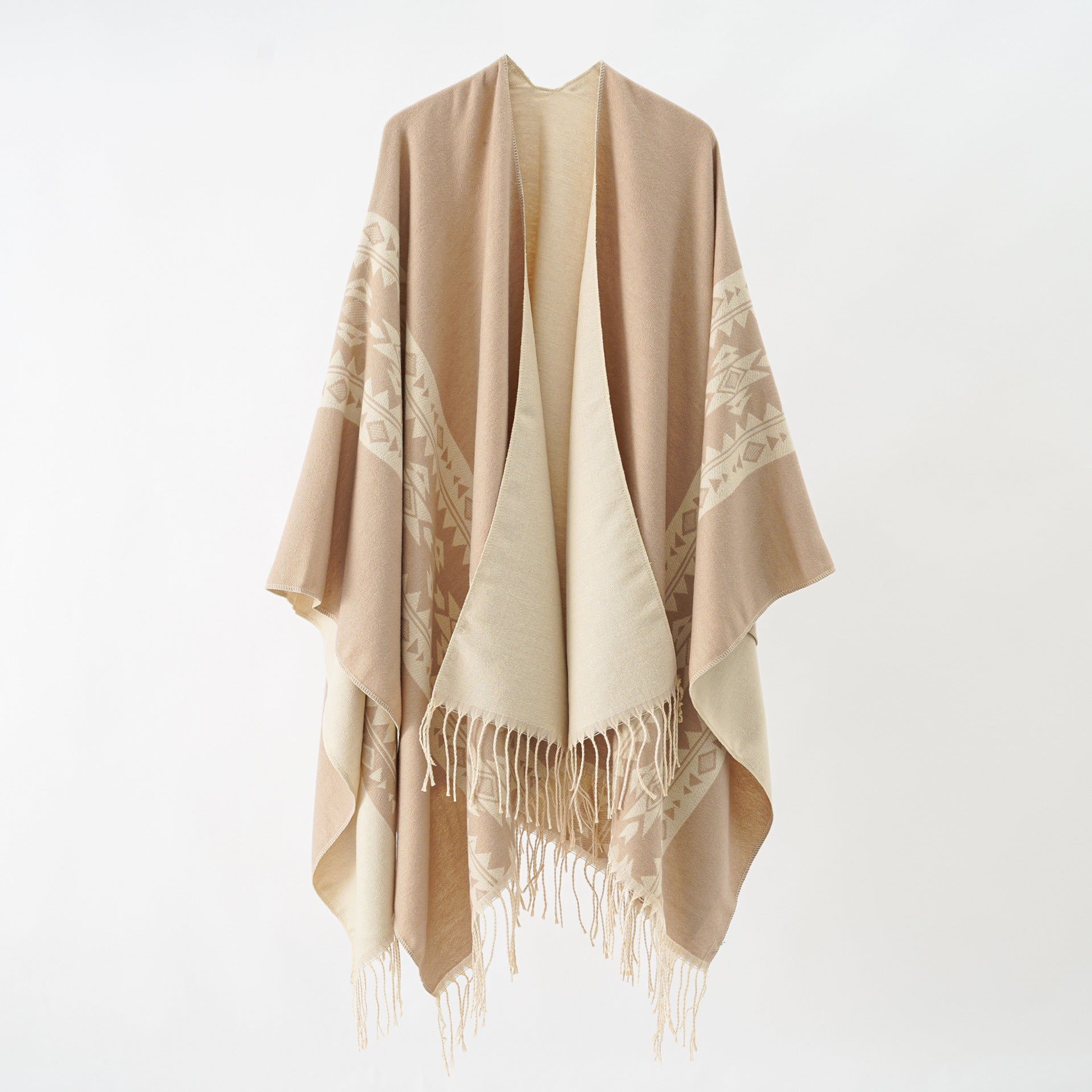 Eleganter Damen-Strickponcho mit künstlerischen Fransen und floralen Akzenten Valenzora