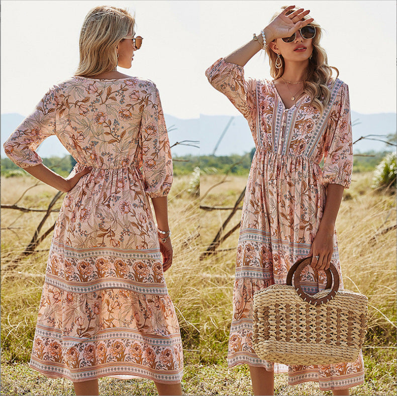 Valenzora | Women's midi dress with V-neck and floral pattern